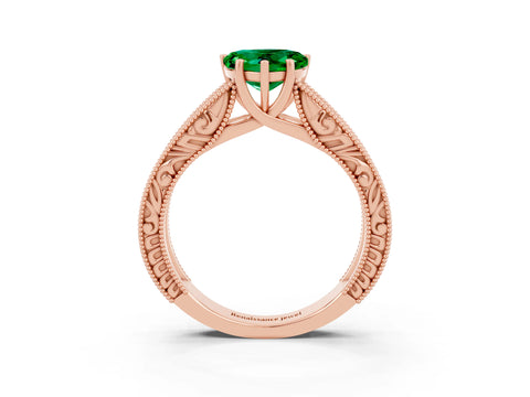 Rose gold Heart Cut Emerald Solitaire Ring with Engraved Band and Four-Prong Setting_3