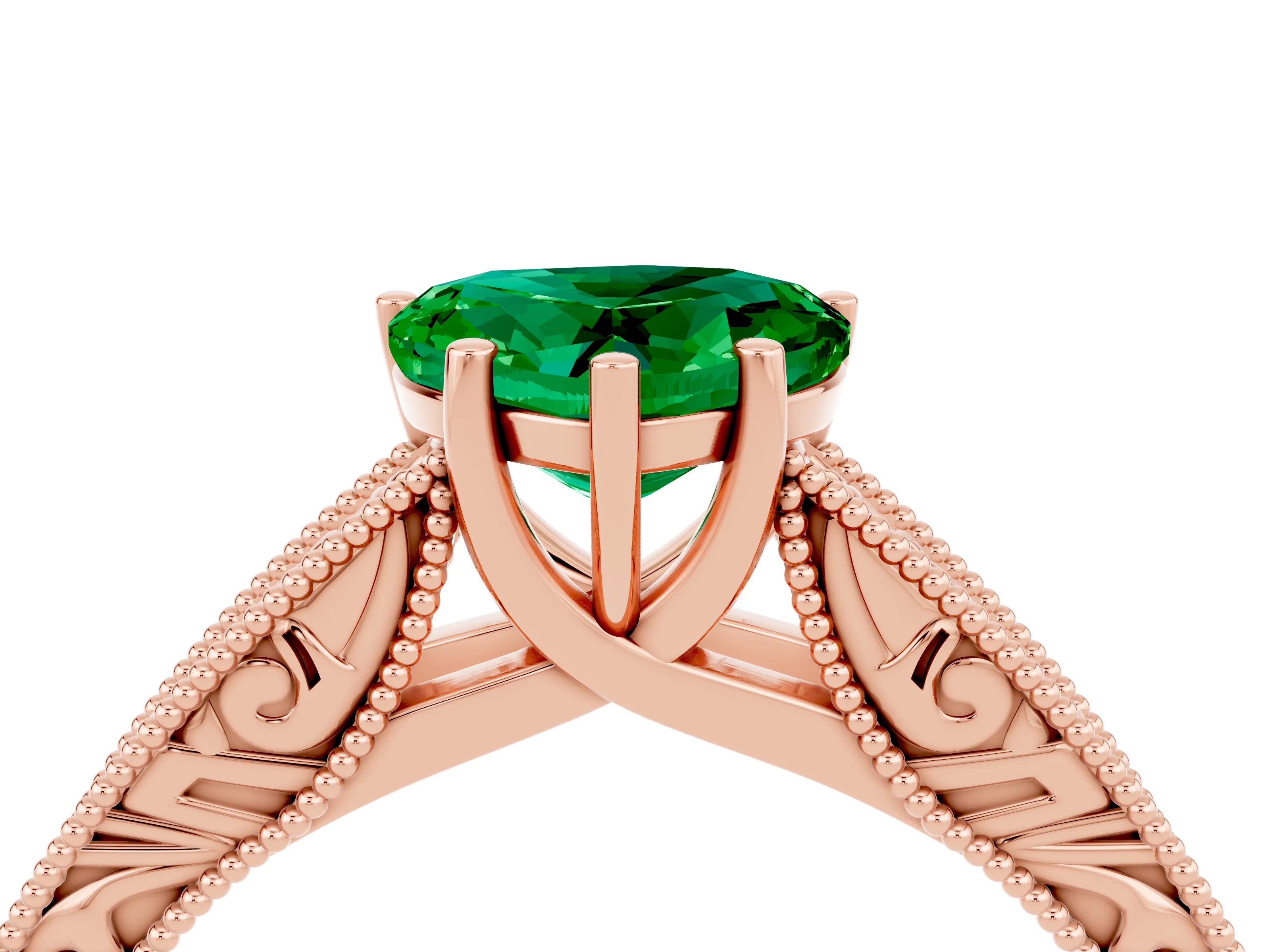 Rose gold Heart Cut Emerald Solitaire Ring with Engraved Band and Four-Prong Setting_4
