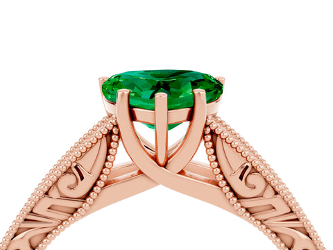 Rose gold Heart Cut Emerald Solitaire Ring with Engraved Band and Four-Prong Setting_4