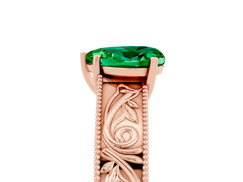 Rose gold Heart Cut Emerald Solitaire Ring with Engraved Band and Four-Prong Setting_5