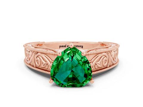 Rose gold Heart Cut Emerald Solitaire Ring with Engraved Band and Four-Prong Setting