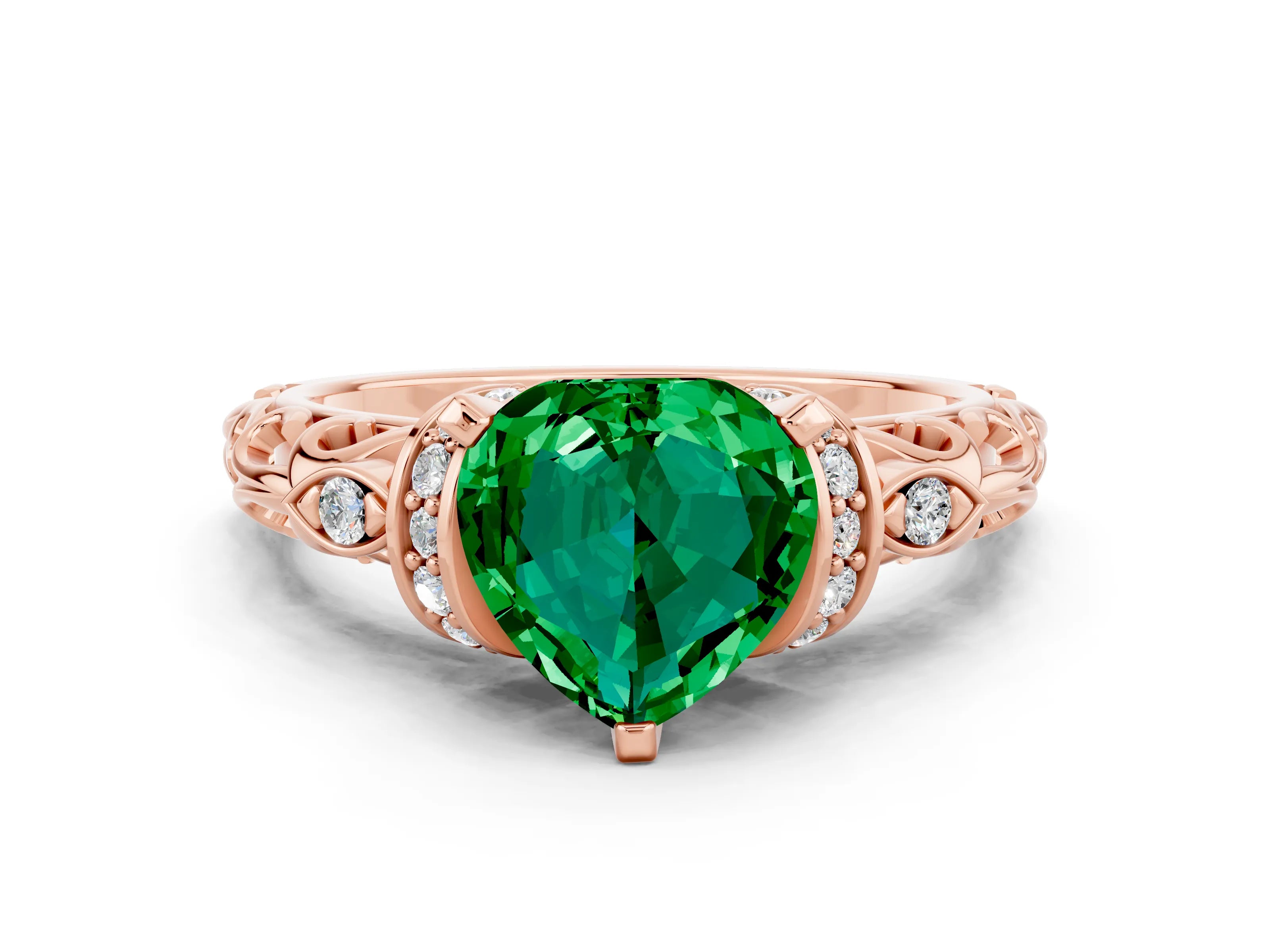 Rose gold Heart Cut Emerald Solitaire Ring with Filigree Band and Four-Prong Setting_24