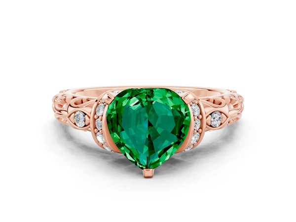 Rose gold Heart Cut Emerald Solitaire Ring with Filigree Band and Four-Prong Setting