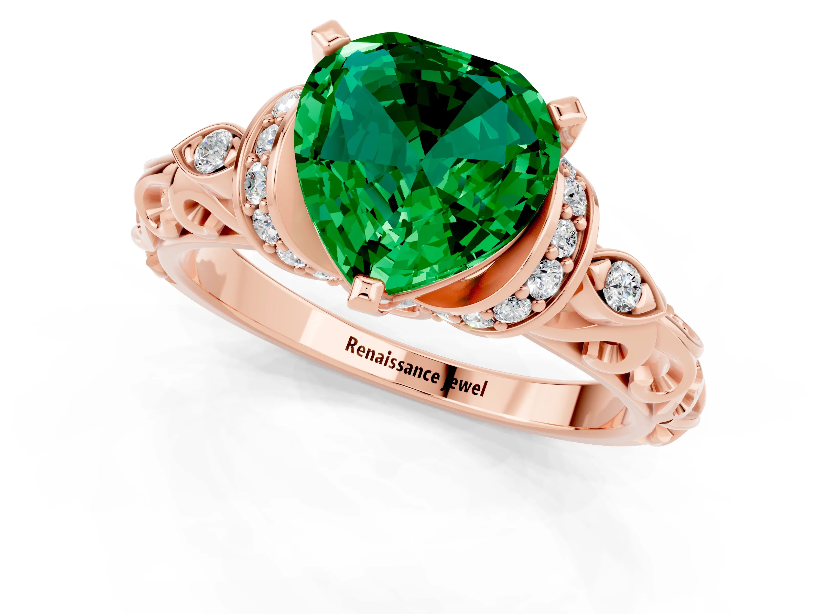 Rose gold Heart Cut Emerald Solitaire Ring with Filigree Band and Four-Prong Setting_25