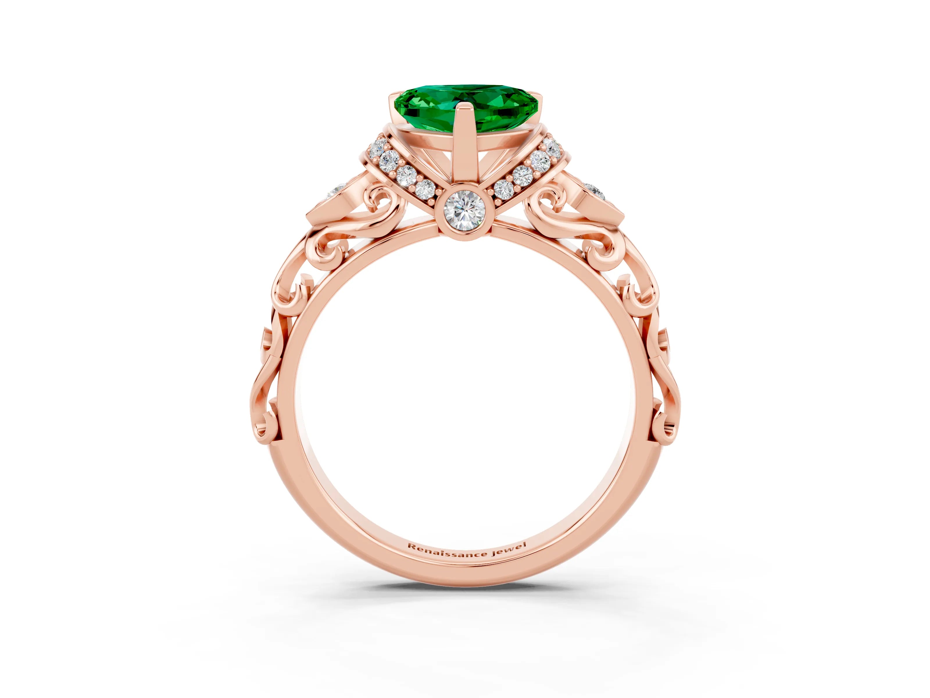Rose gold Heart Cut Emerald Solitaire Ring with Filigree Band and Four-Prong Setting_27