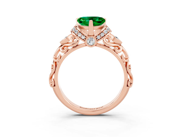 Rose gold Heart Cut Emerald Solitaire Ring with Filigree Band and Four-Prong Setting