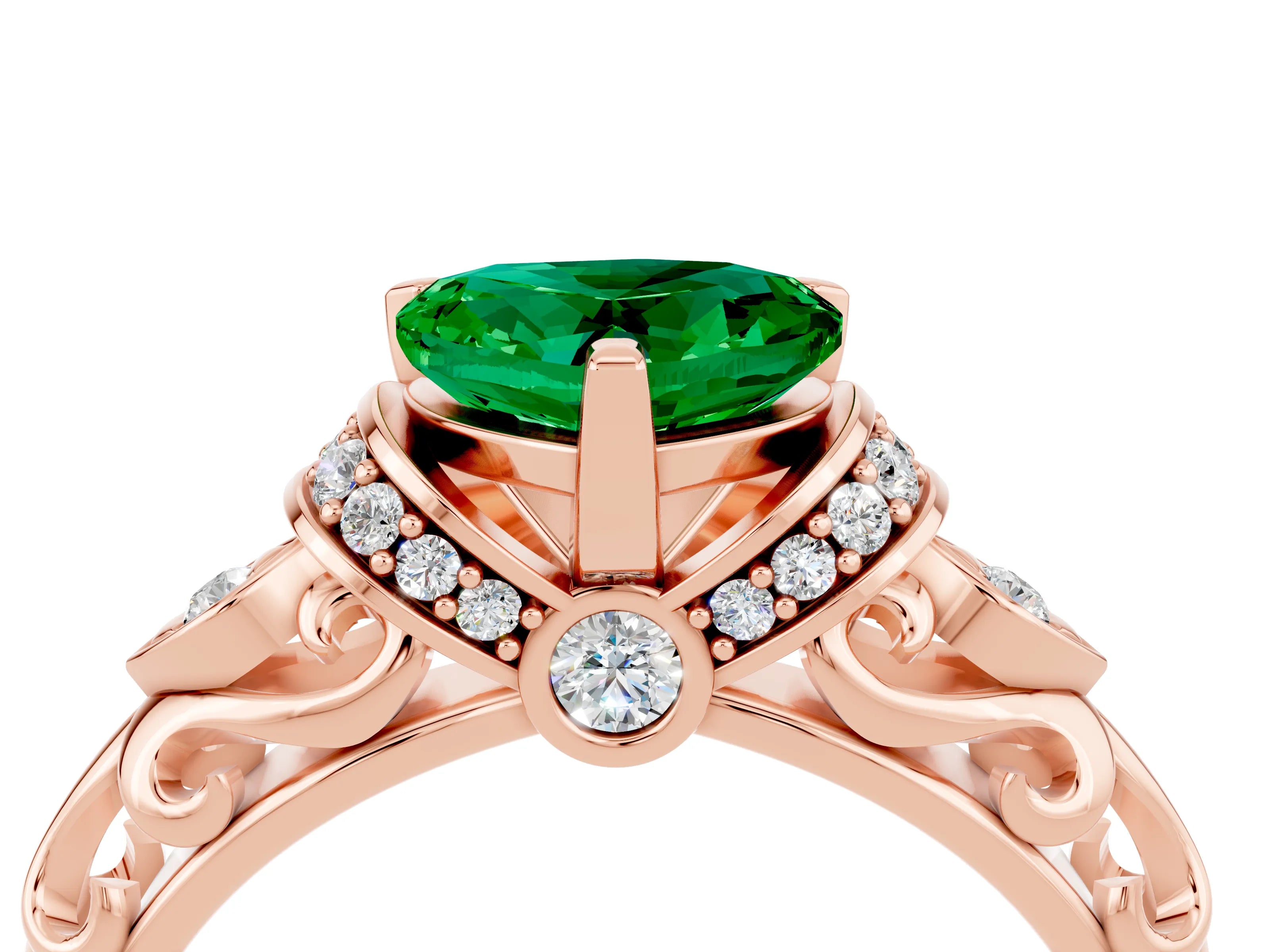 Rose gold Heart Cut Emerald Solitaire Ring with Filigree Band and Four-Prong Setting_28