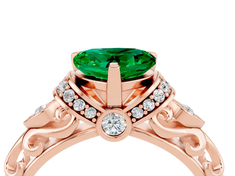 Rose gold Heart Cut Emerald Solitaire Ring with Filigree Band and Four-Prong Setting_28