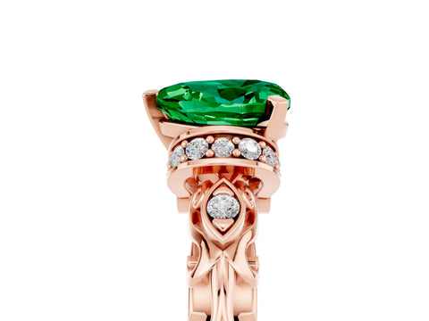 Rose gold Heart Cut Emerald Solitaire Ring with Filigree Band and Four-Prong Setting_29
