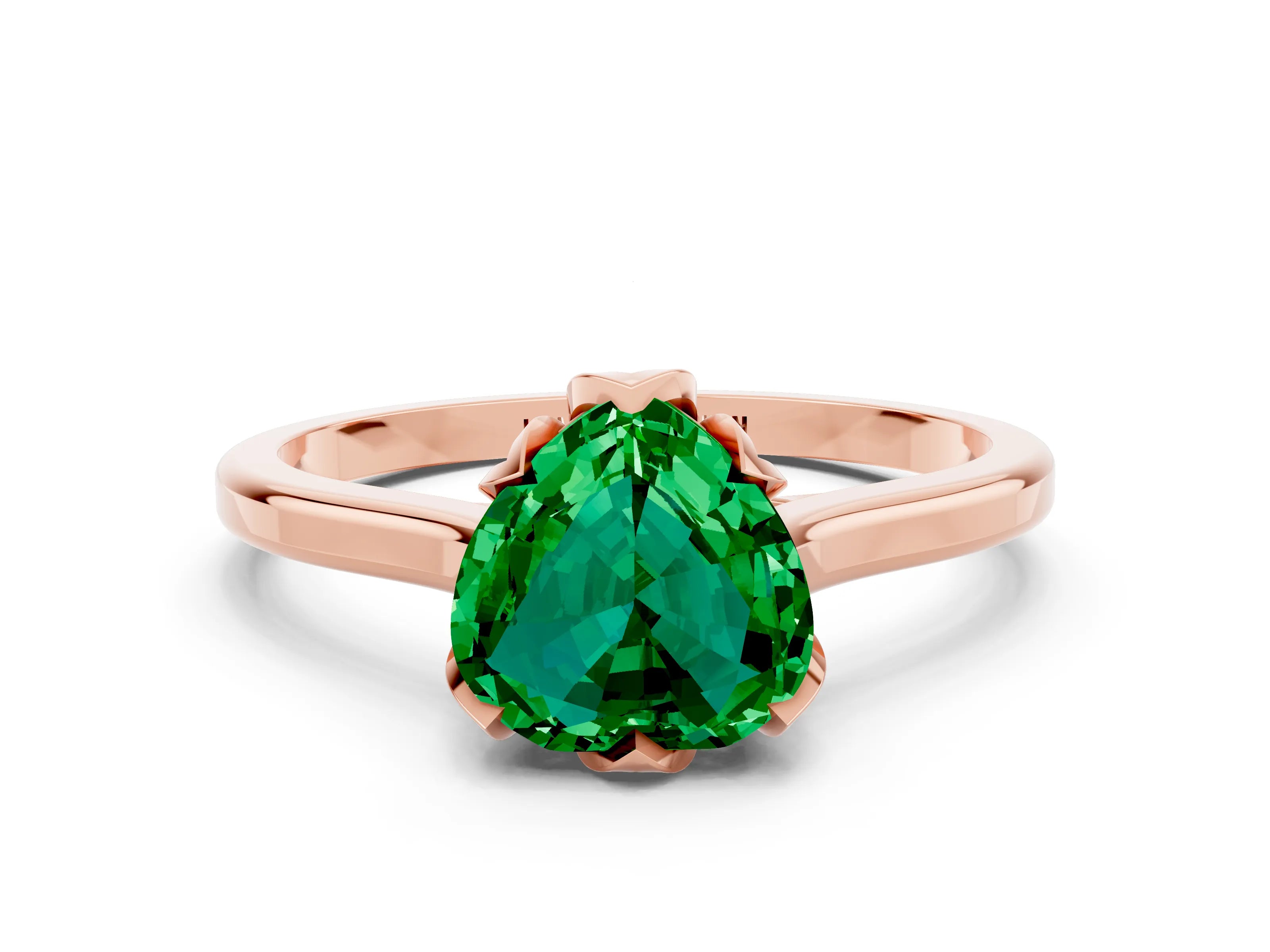 Rose gold Heart Cut Emerald Solitaire Ring with Flower Prong Setting and Classic Band_12