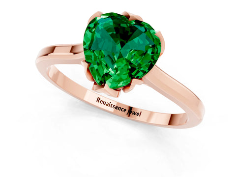 Rose gold Heart Cut Emerald Solitaire Ring with Flower Prong Setting and Classic Band_13