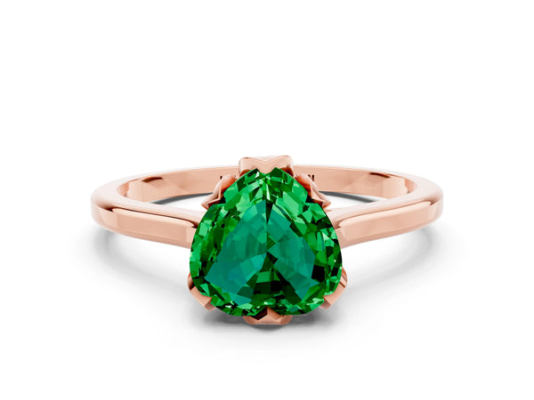 Rose gold Heart Cut Emerald Solitaire Ring with Flower Prong Setting and Classic Band