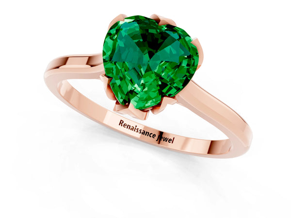 Rose gold Heart Cut Emerald Solitaire Ring with Flower Prong Setting and Classic Band