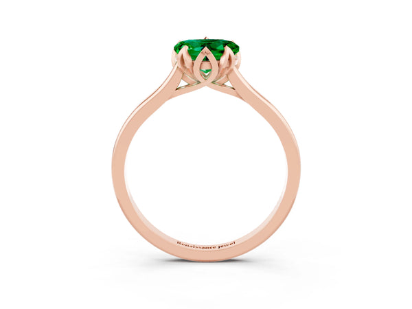 Rose gold Heart Cut Emerald Solitaire Ring with Flower Prong Setting and Classic Band