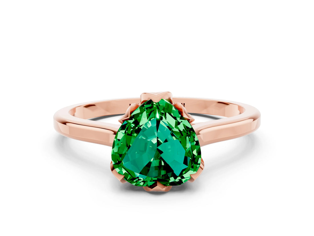 Rose gold Heart Cut Emerald Solitaire Ring with Flower Prong Setting and Classic Band_36