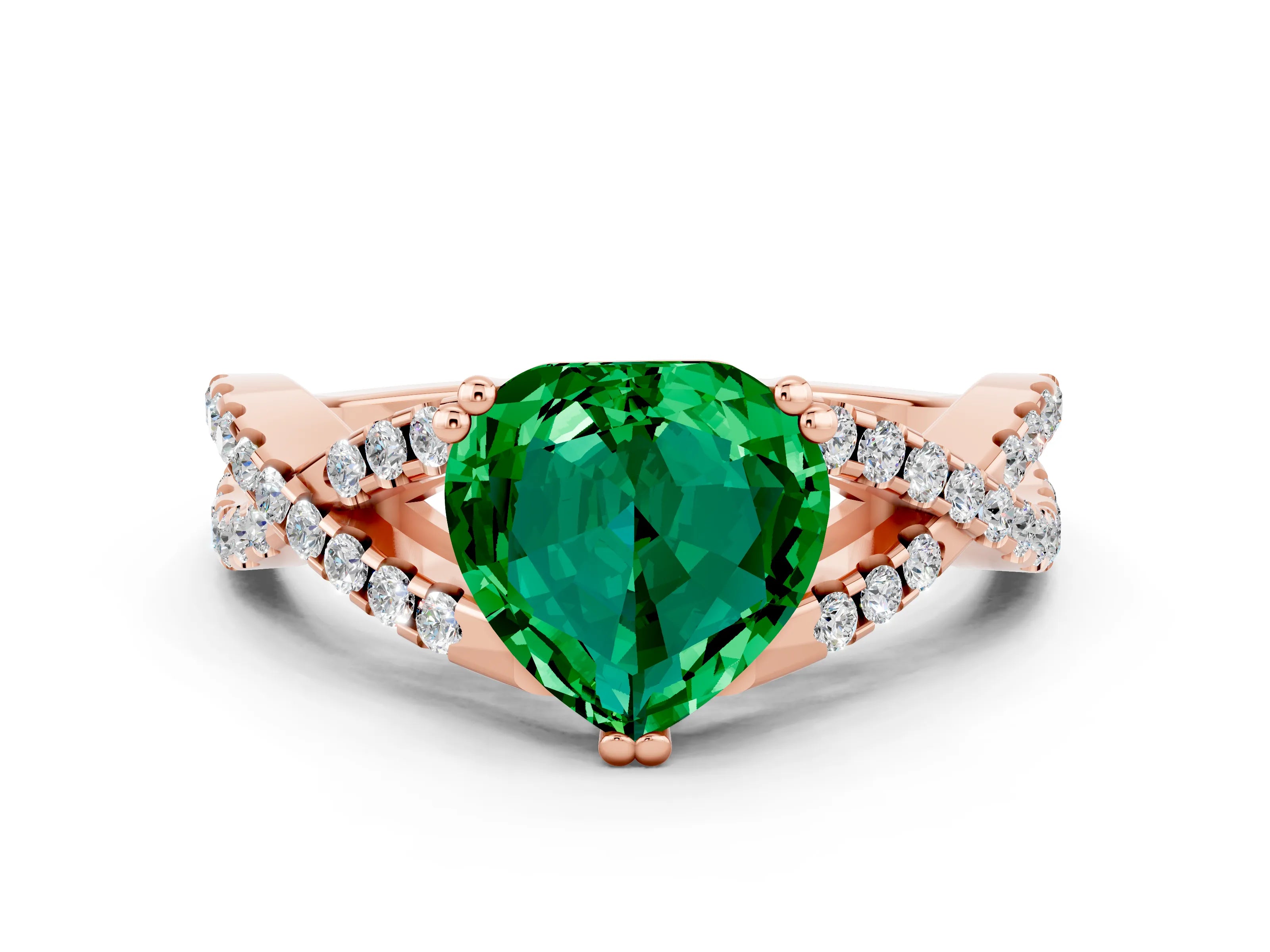 Rose gold Heart Cut Emerald Solitaire Ring with Four-Prong Setting and Twisted Pavé Band