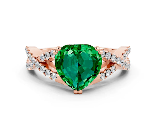 Rose gold Heart Cut Emerald Solitaire Ring with Four-Prong Setting and Twisted Pavé Band