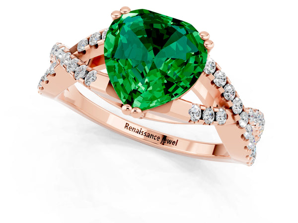 Rose gold Heart Cut Emerald Solitaire Ring with Four-Prong Setting and Twisted Pavé Band