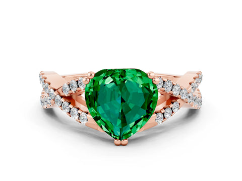 Rose gold Heart Cut Emerald Solitaire Ring with Four-Prong Setting and Twisted Pavé Band