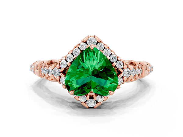Rose gold Heart Cut Emerald Solitaire Ring with Hidden Halo and Pavé Band