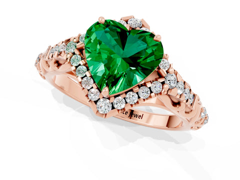Rose gold Heart Cut Emerald Solitaire Ring with Hidden Halo and Pavé Band_13