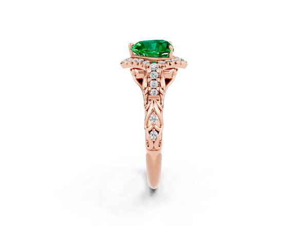 Rose gold Heart Cut Emerald Solitaire Ring with Hidden Halo and Pavé Band