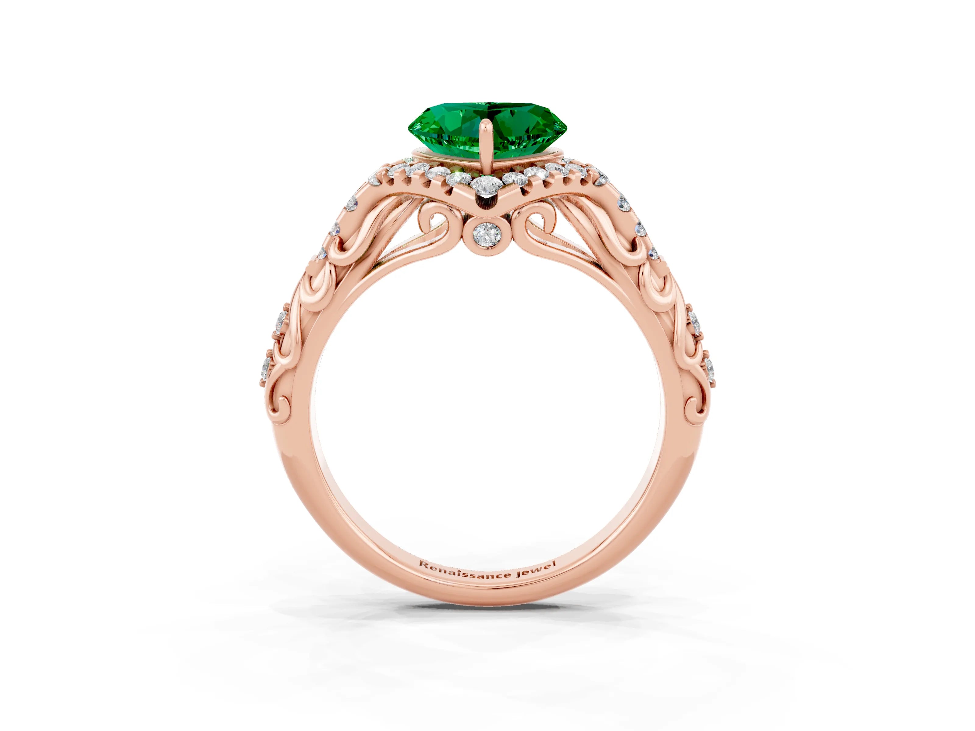 Rose gold Heart Cut Emerald Solitaire Ring with Hidden Halo and Pavé Band_15