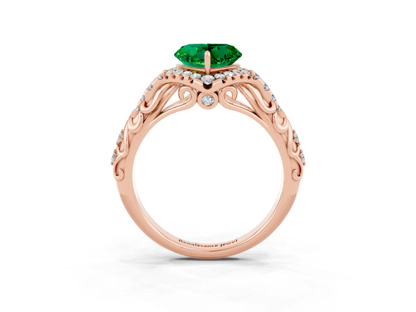 Rose gold Heart Cut Emerald Solitaire Ring with Hidden Halo and Pavé Band