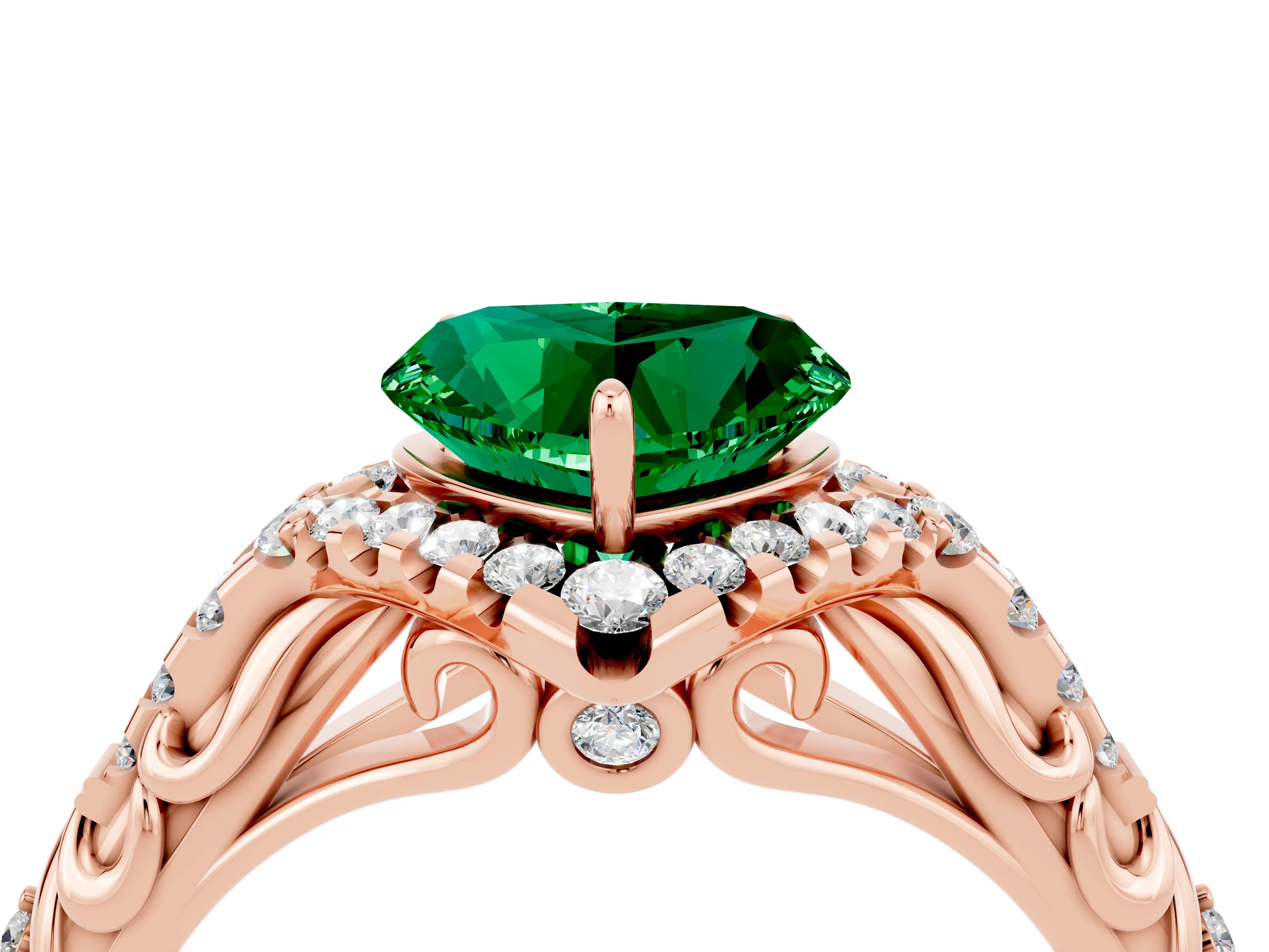 Rose gold Heart Cut Emerald Solitaire Ring with Hidden Halo and Pavé Band_16