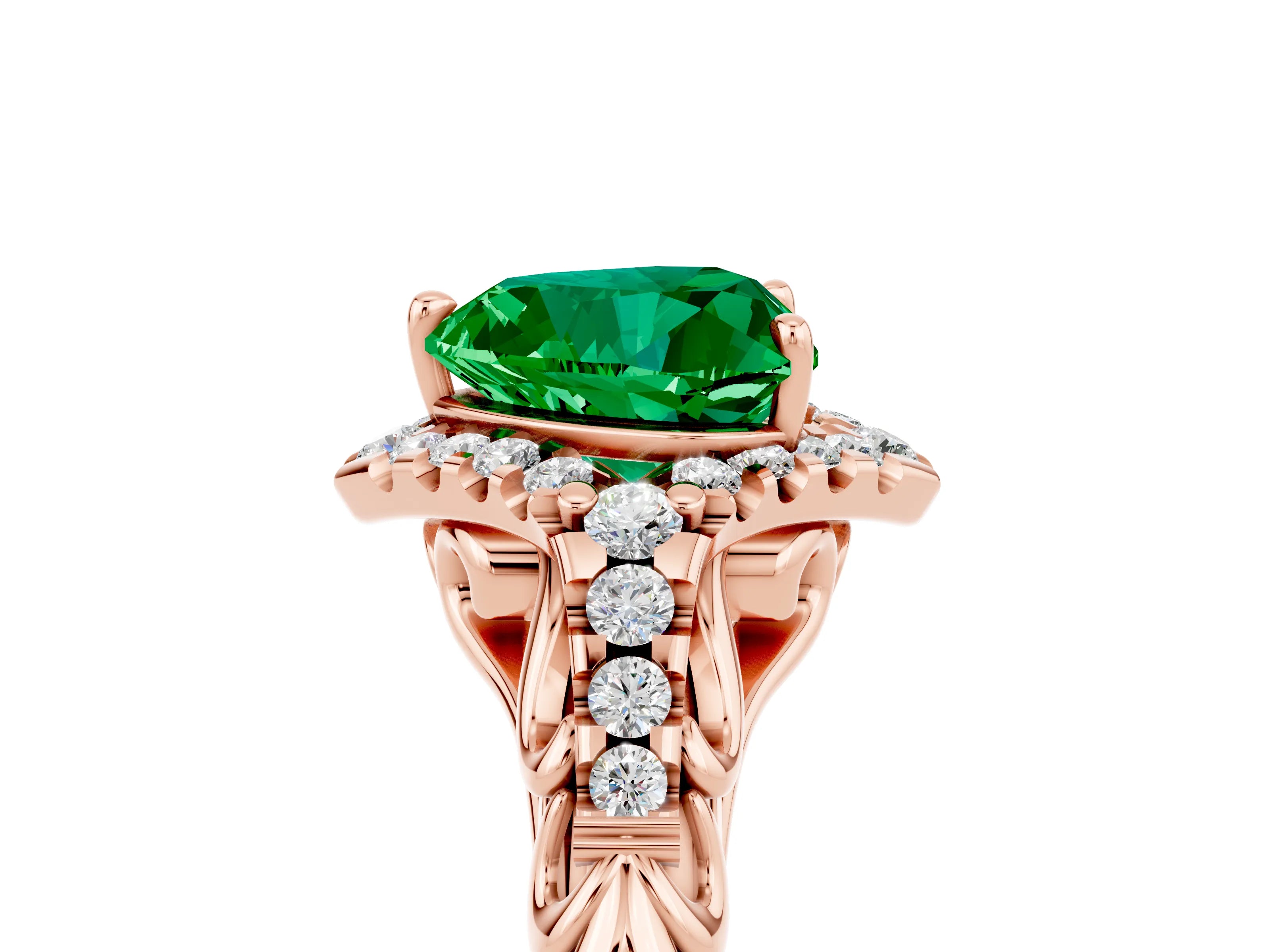 Rose gold Heart Cut Emerald Solitaire Ring with Hidden Halo and Pavé Band_17