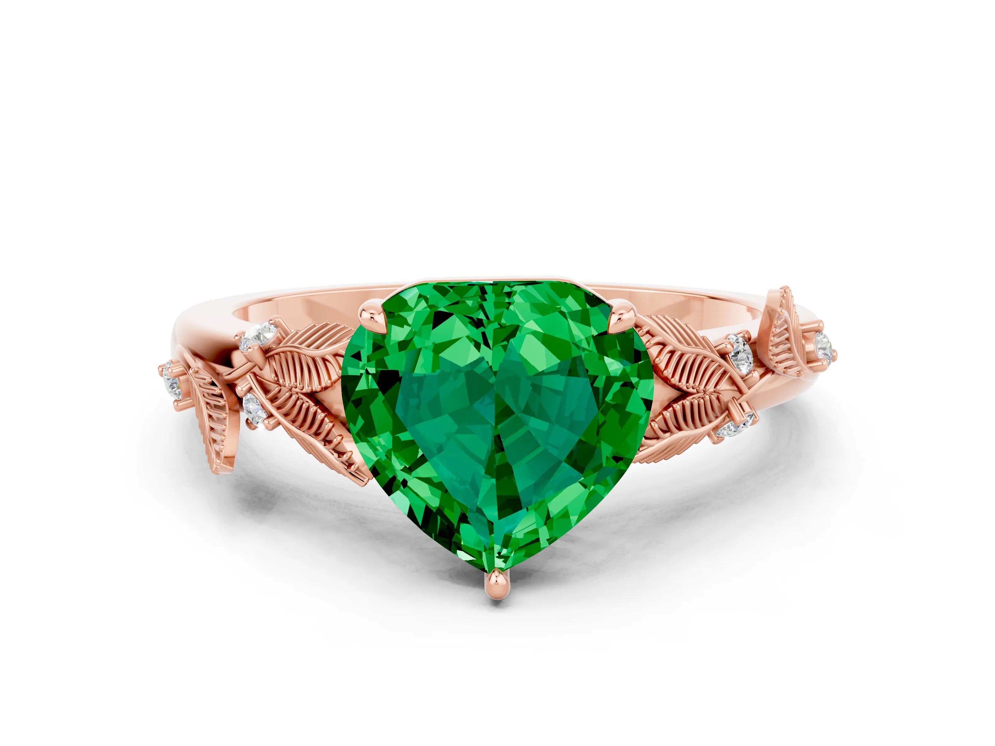 Rose gold Heart Cut Emerald Solitaire Ring with Leaf Motif Band and Four-Prong Setting
