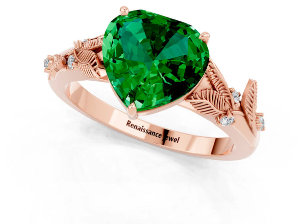 Rose gold Heart Cut Emerald Solitaire Ring with Leaf Motif Band and Four-Prong Setting
