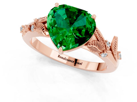 Rose gold Heart Cut Emerald Solitaire Ring with Leaf Motif Band and Four-Prong Setting_1