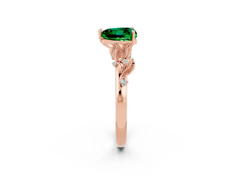 Rose gold Heart Cut Emerald Solitaire Ring with Leaf Motif Band and Four-Prong Setting_2