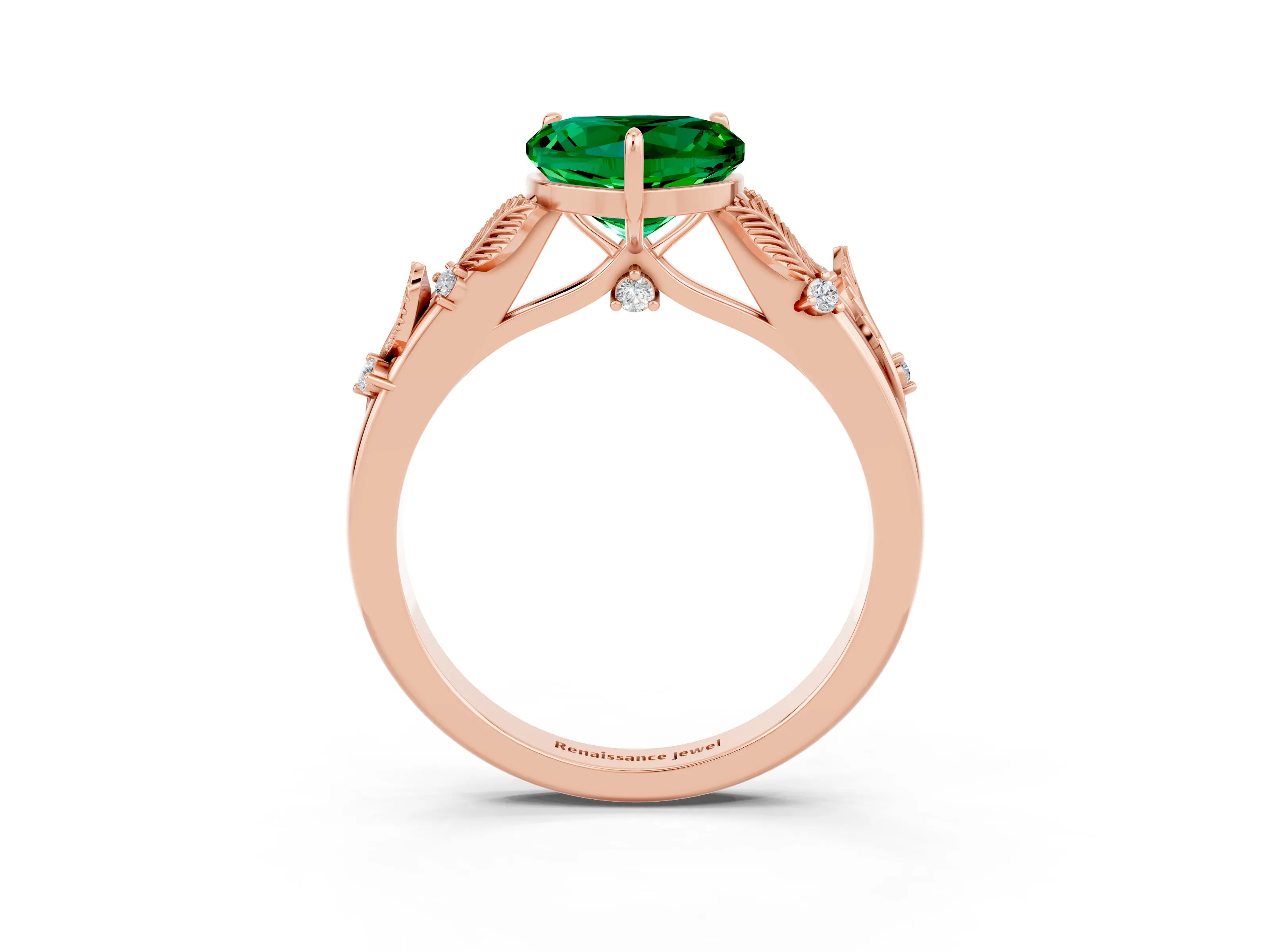 Rose gold Heart Cut Emerald Solitaire Ring with Leaf Motif Band and Four-Prong Setting_3