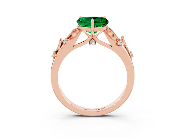 Rose gold Heart Cut Emerald Solitaire Ring with Leaf Motif Band and Four-Prong Setting