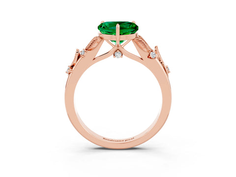 Rose gold Heart Cut Emerald Solitaire Ring with Leaf Motif Band and Four-Prong Setting_3