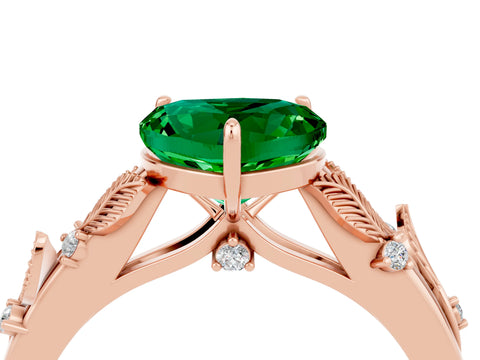 Rose gold Heart Cut Emerald Solitaire Ring with Leaf Motif Band and Four-Prong Setting_4