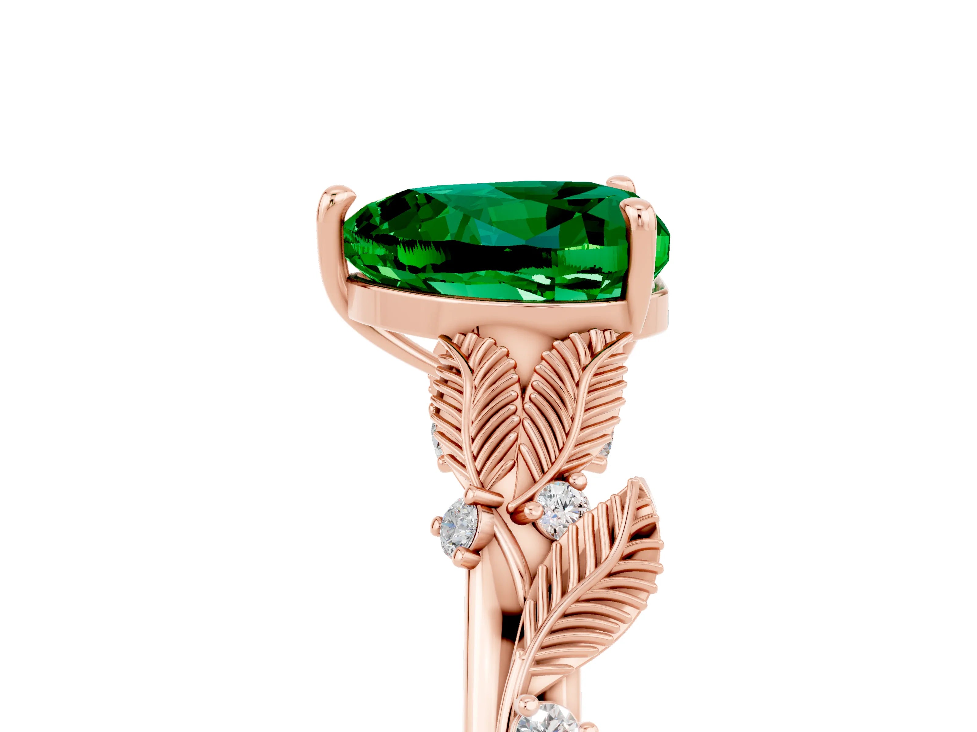 Rose gold Heart Cut Emerald Solitaire Ring with Leaf Motif Band and Four-Prong Setting_5