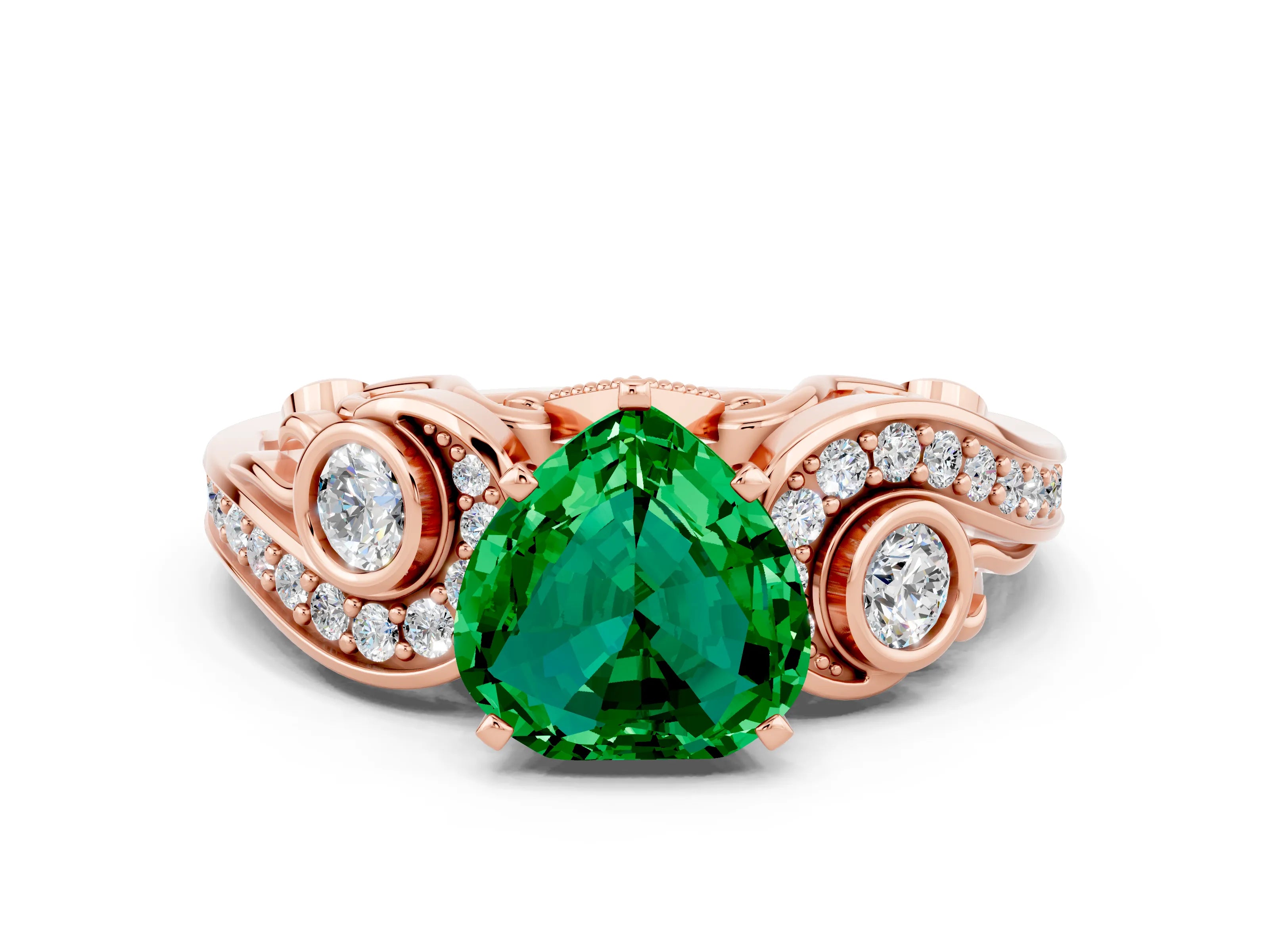 Rose gold Heart Cut Emerald Solitaire Ring with Milgrain Pavé Band and Four-Prong Setting_24