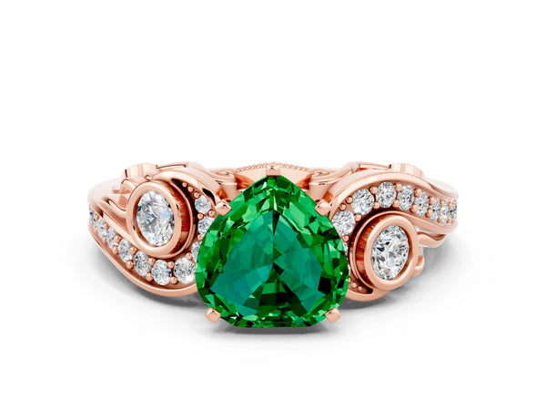 Rose gold Heart Cut Emerald Solitaire Ring with Milgrain Pavé Band and Four-Prong Setting