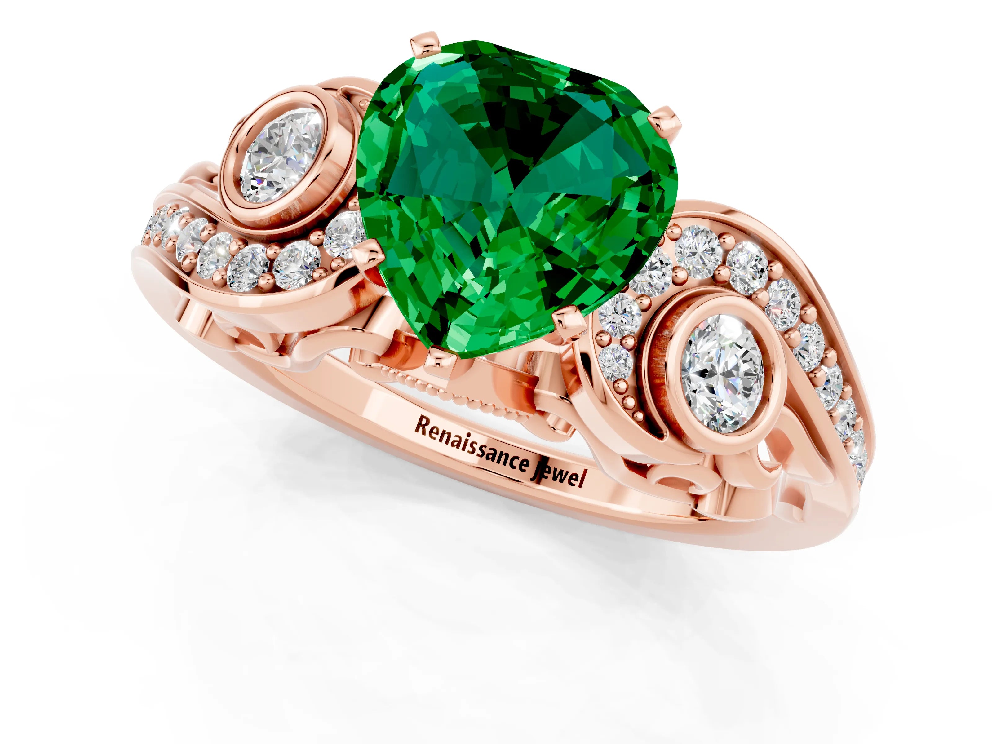 Rose gold Heart Cut Emerald Solitaire Ring with Milgrain Pavé Band and Four-Prong Setting_25