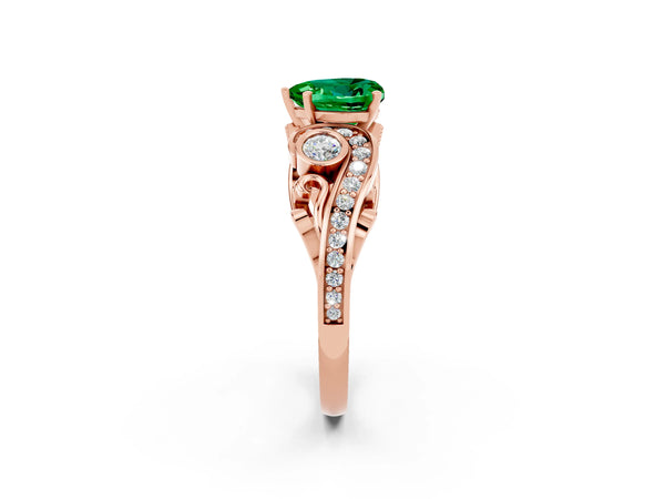 Rose gold Heart Cut Emerald Solitaire Ring with Milgrain Pavé Band and Four-Prong Setting
