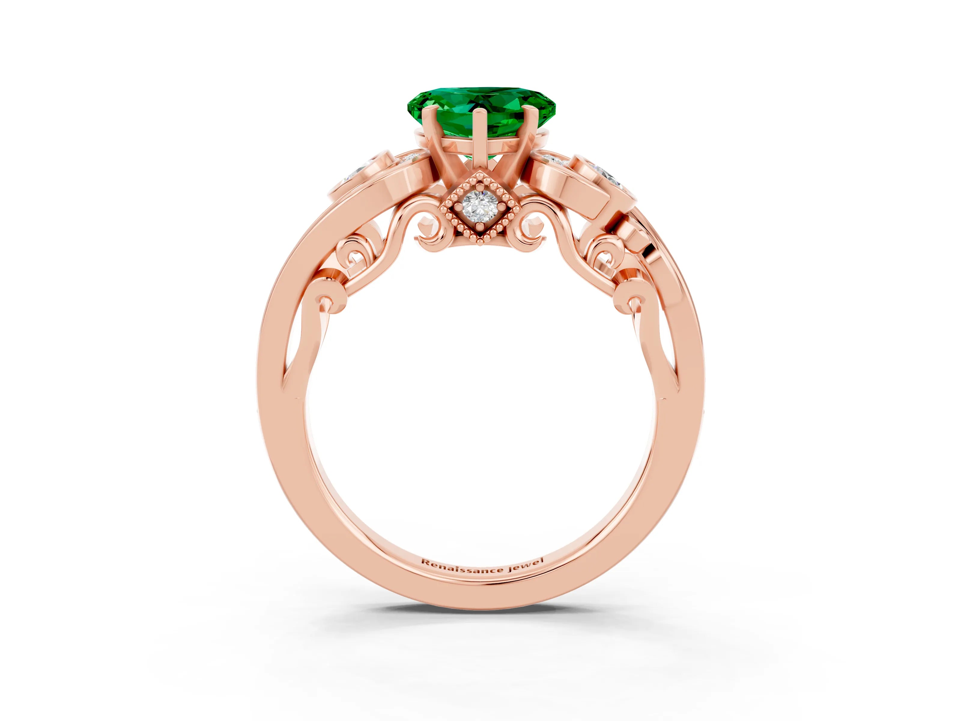 Rose gold Heart Cut Emerald Solitaire Ring with Milgrain Pavé Band and Four-Prong Setting_27