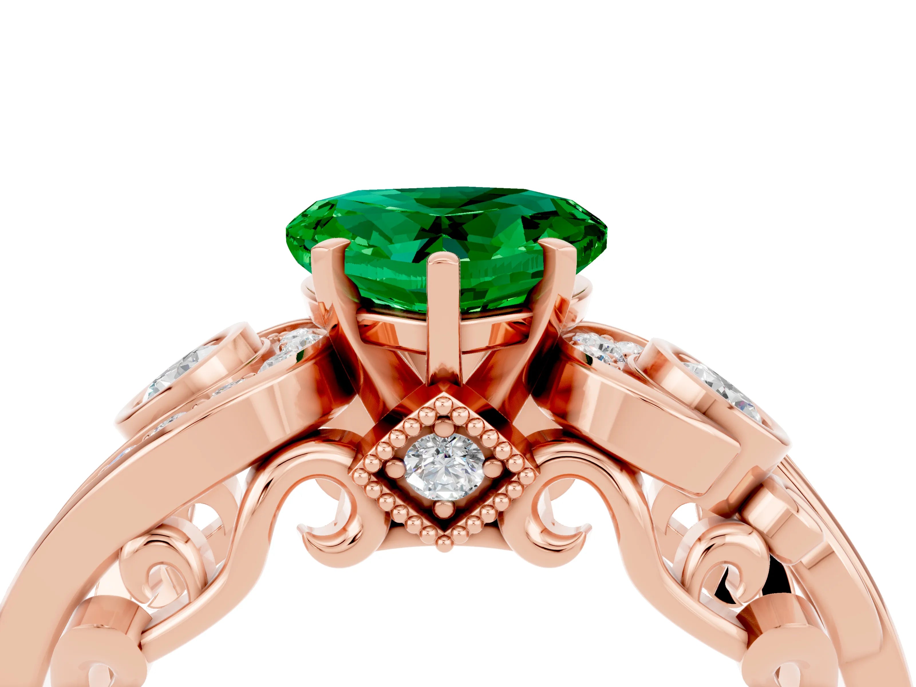 Rose gold Heart Cut Emerald Solitaire Ring with Milgrain Pavé Band and Four-Prong Setting_28