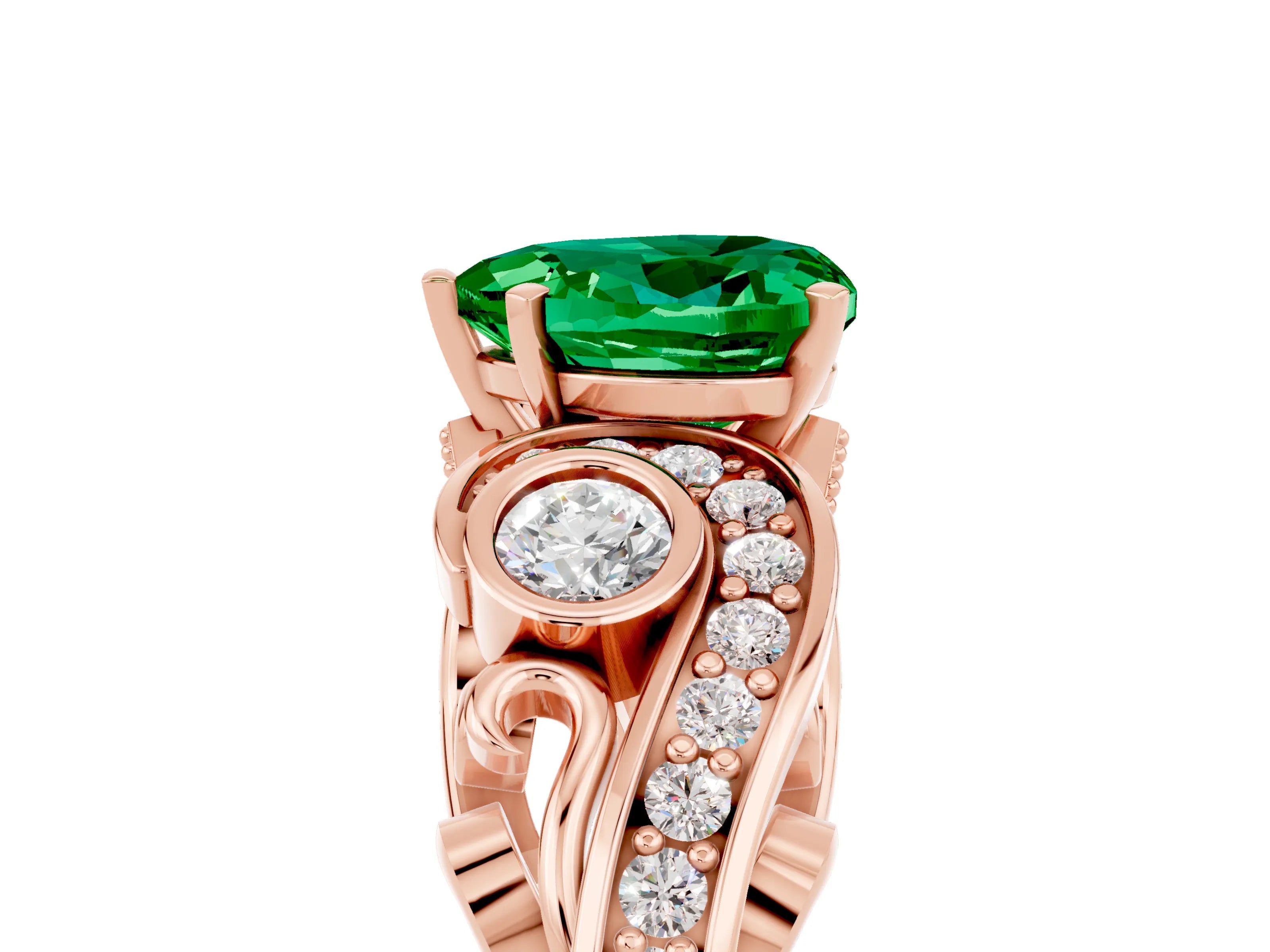 Rose gold Heart Cut Emerald Solitaire Ring with Milgrain Pavé Band and Four-Prong Setting_29