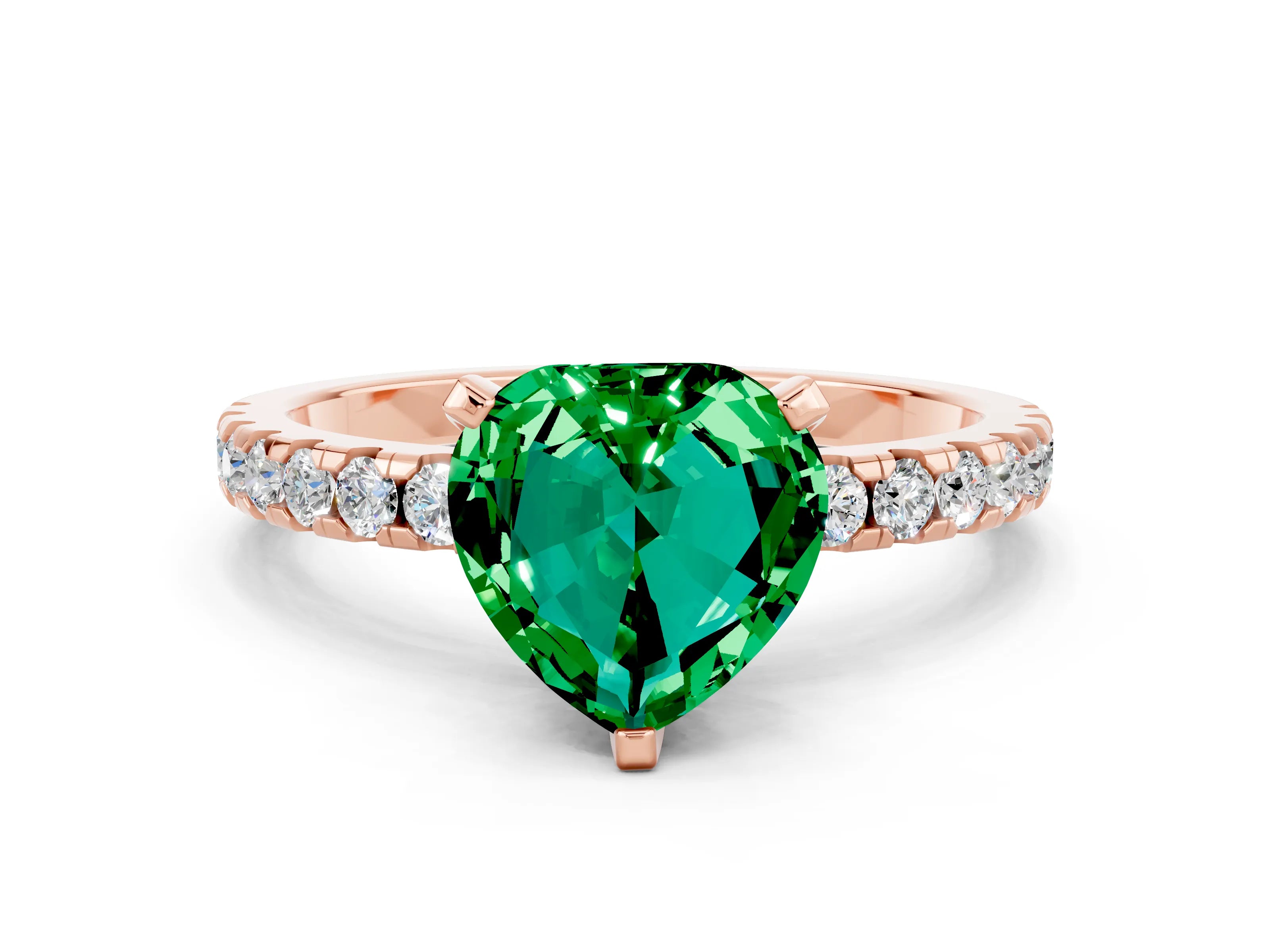 Rose gold Heart Cut Emerald Solitaire Ring with Pavé Band and Four-Prong Setting_24
