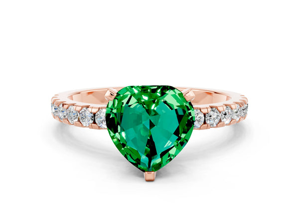Rose gold Heart Cut Emerald Solitaire Ring with Round  Pavé Band and Four-Prong Setting