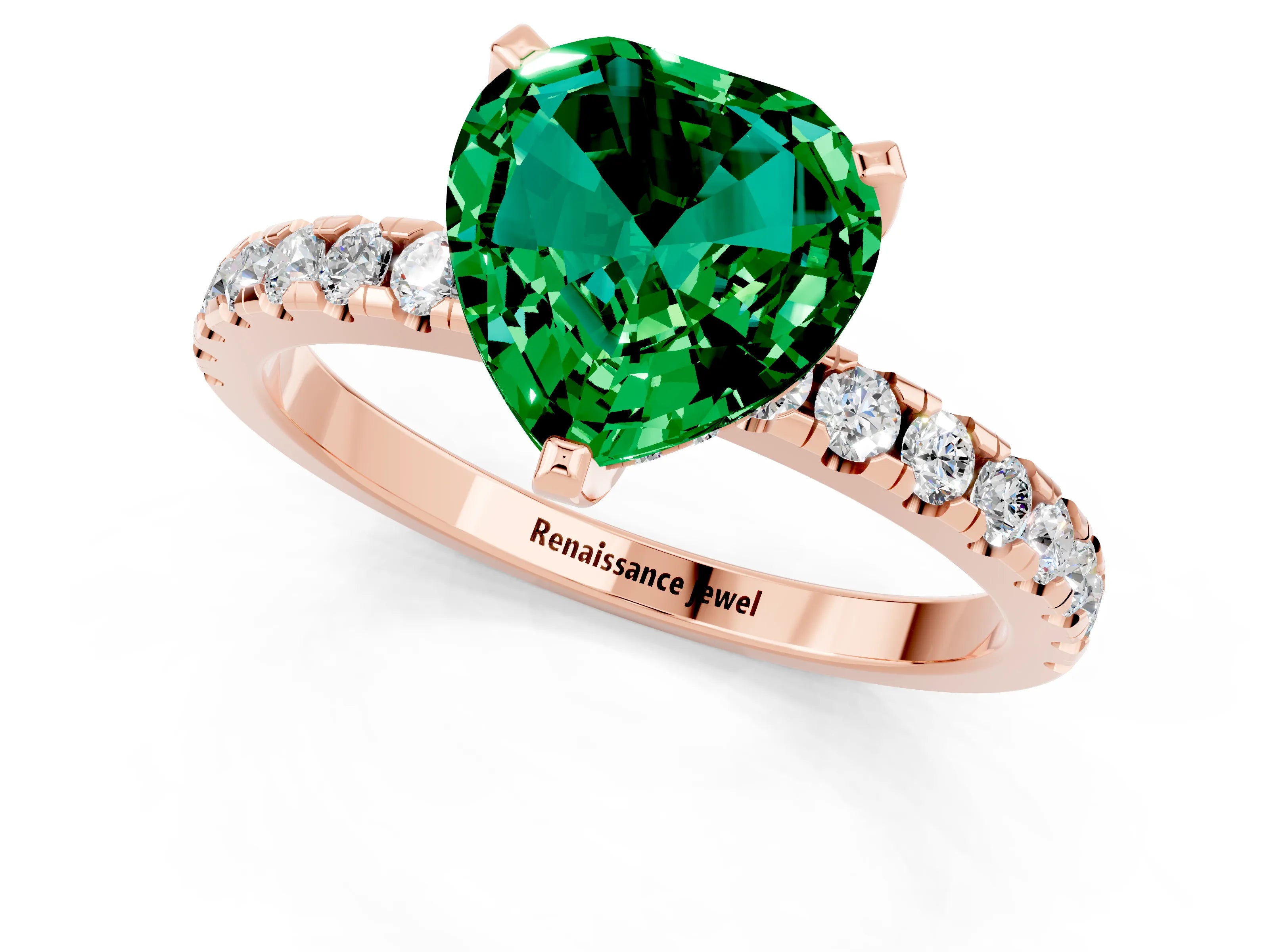 Rose gold Heart Cut Emerald Solitaire Ring with Pavé Band and Four-Prong Setting_25