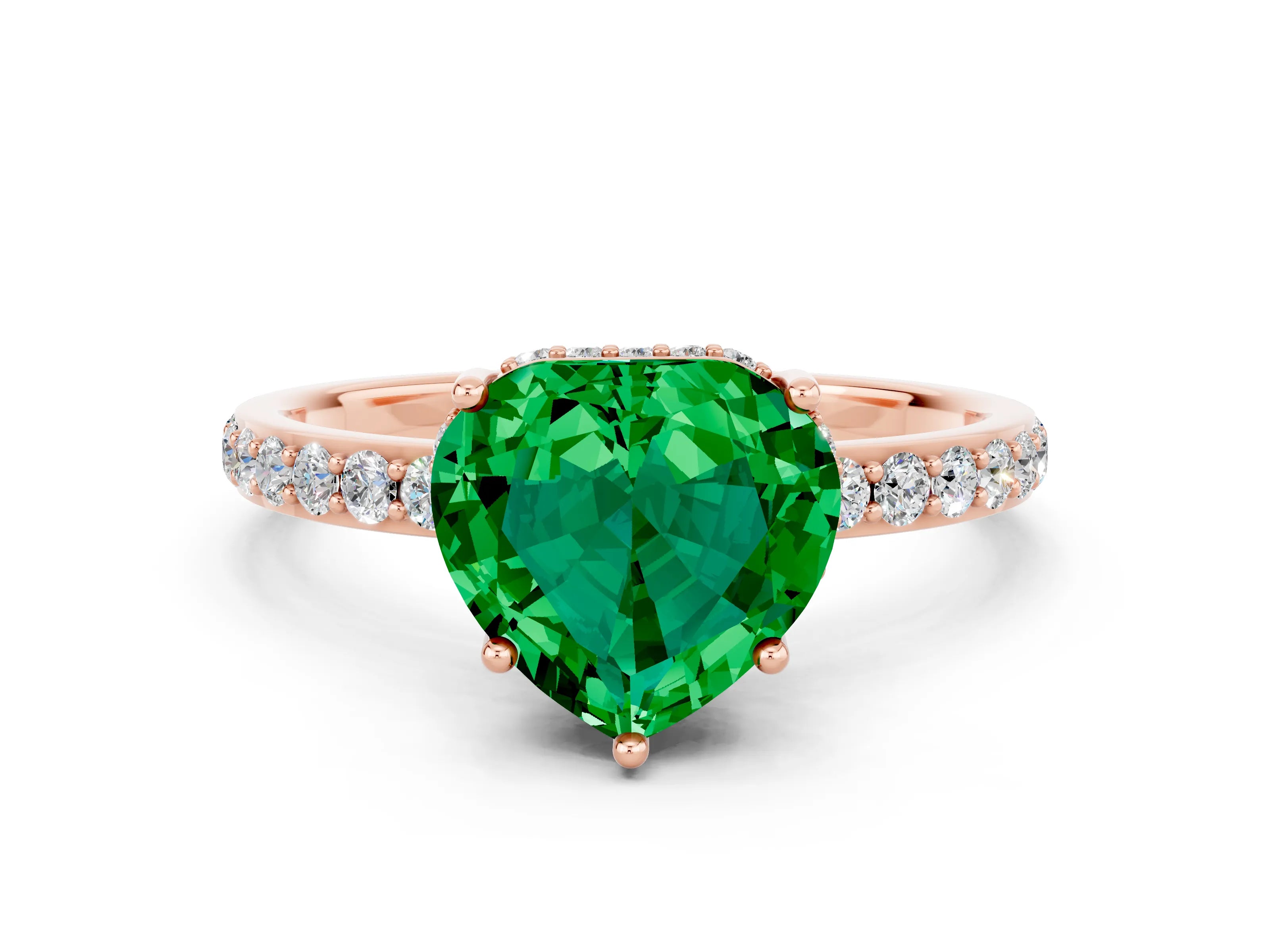 Rose gold Heart Cut Emerald Solitaire Ring with Pavé Band and Hidden Halo_12